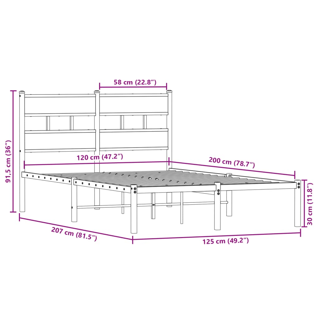 Sengeramme i metall uten madrass røkt eik 120x200 cm