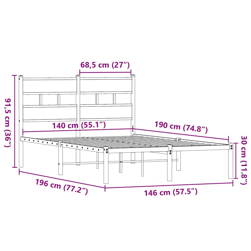 Sengeramme i metall uten madrass røkt eik 140x190 cm