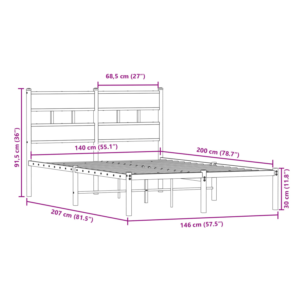 Sengeramme i metall uten madrass røkt eik 140x200 cm