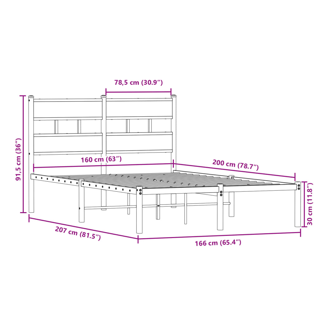 Sengeramme i metall uten madrass røkt eik 160x200 cm