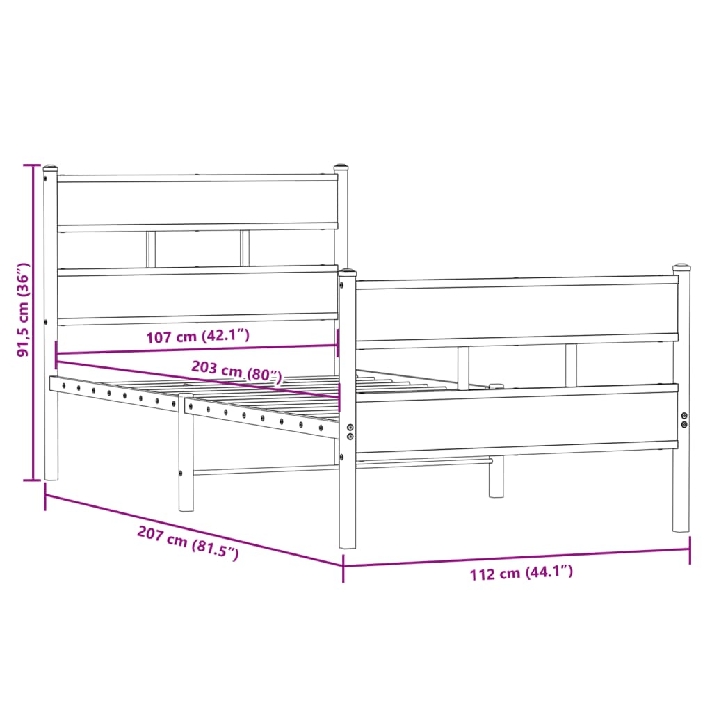 Sengeramme i metall uten madrass røkt eik 107x203 cm