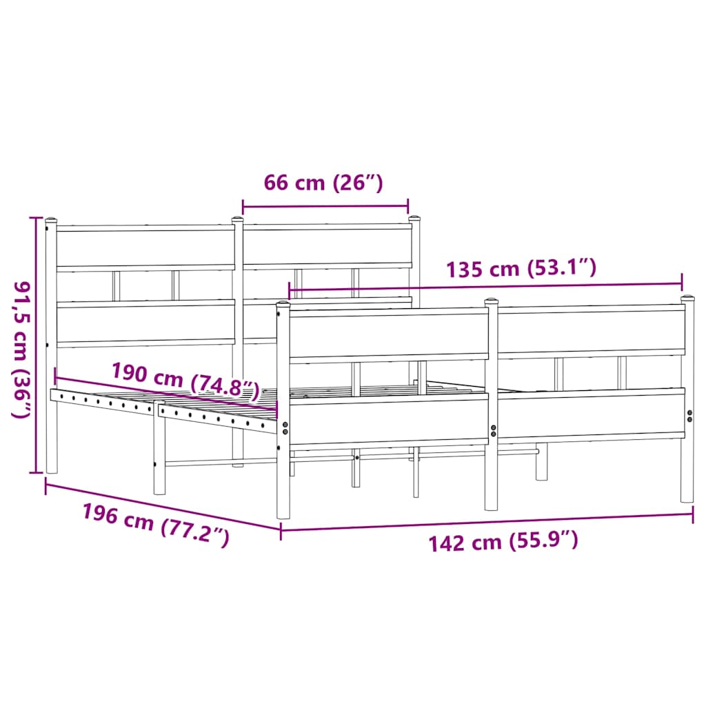 Sengeramme i metall uten madrass røkt eik 135x190 cm