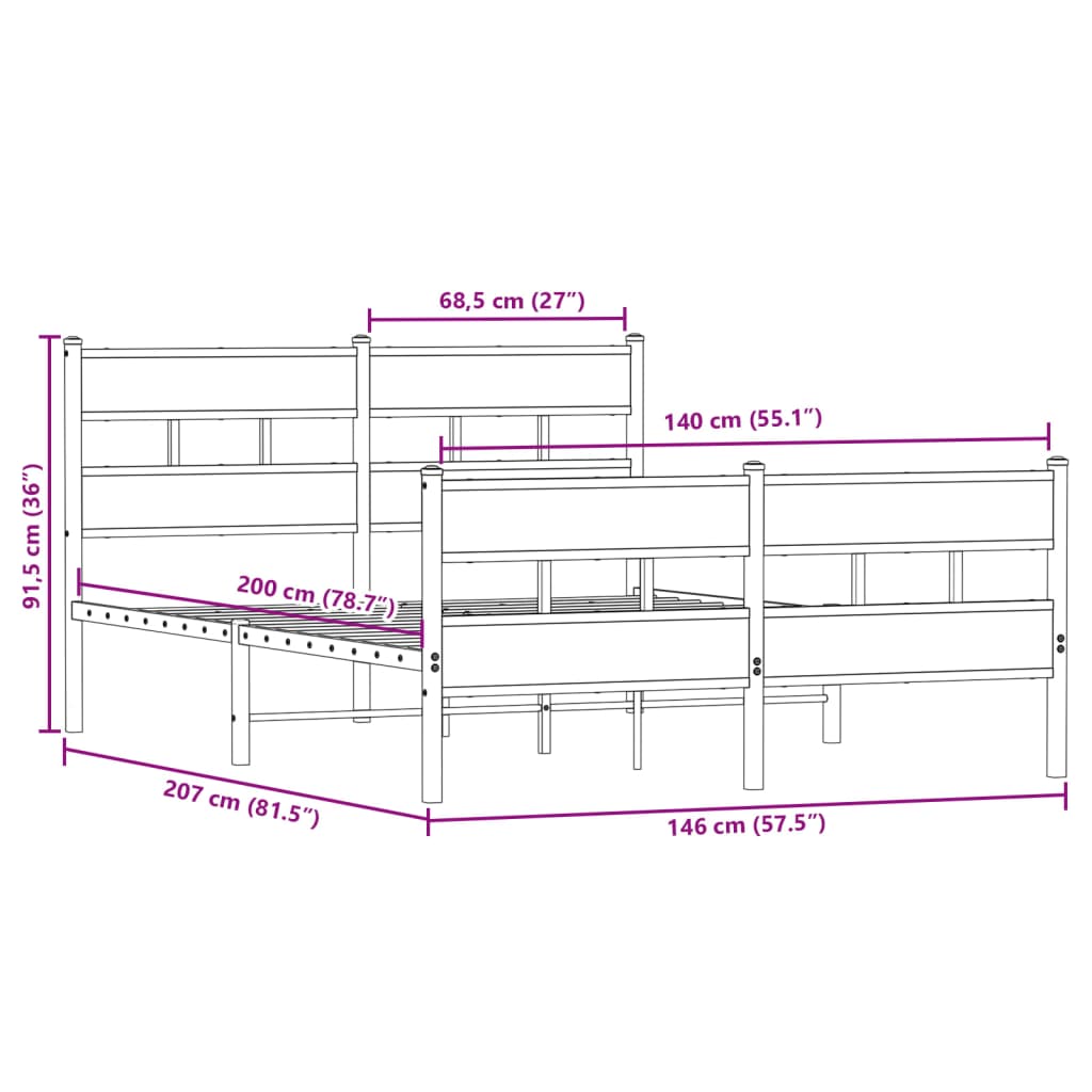 Sengeramme i metall uten madrass røkt eik 140x200 cm