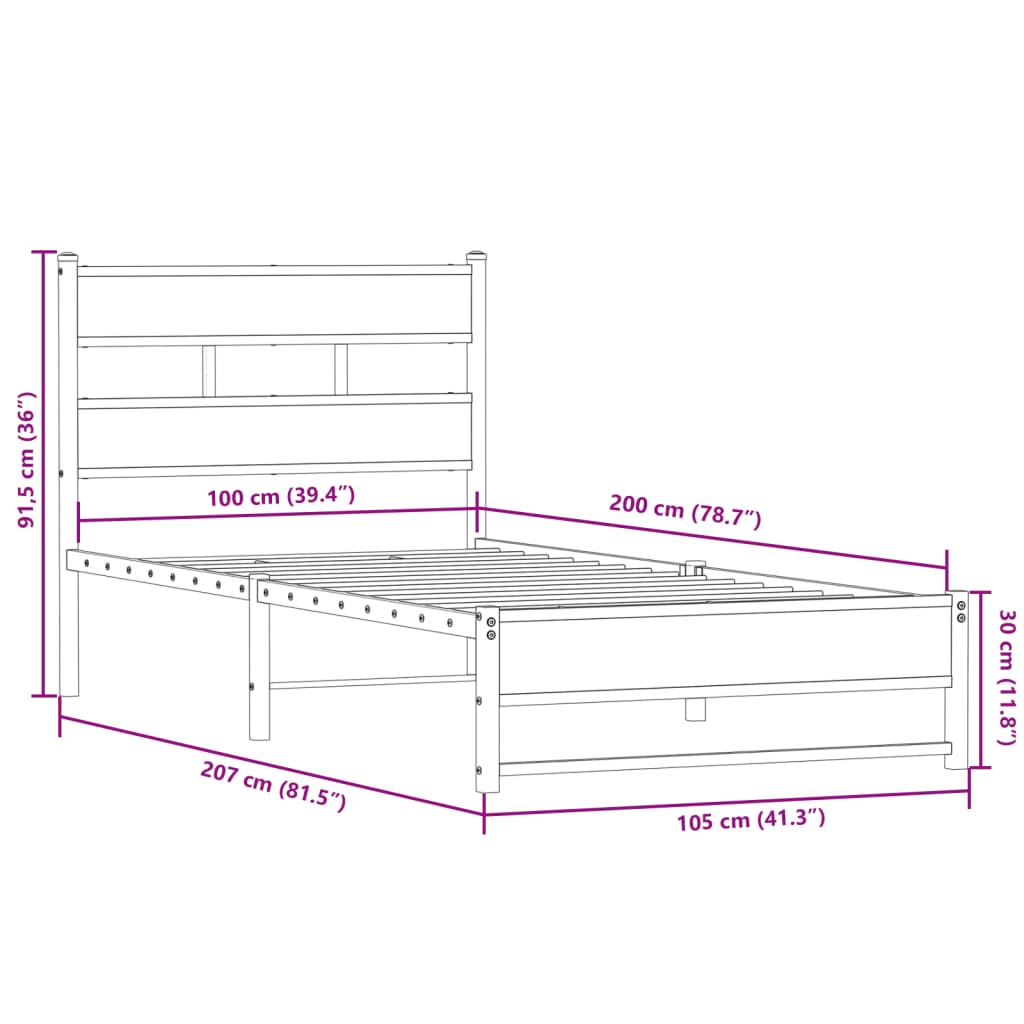 Sengeramme i metall uten madrass røkt eik 100x200 cm