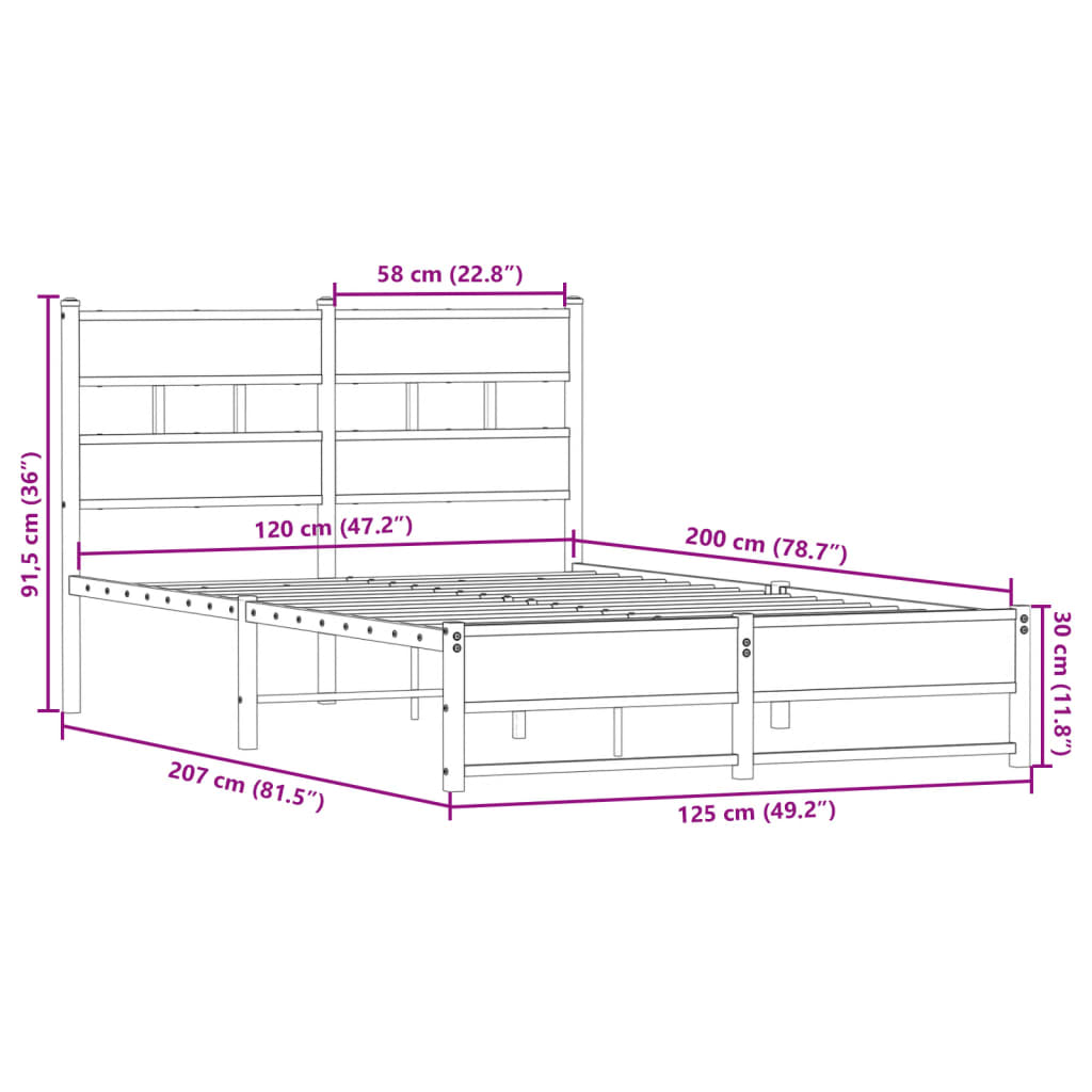 Sengeramme i metall uten madrass røkt eik 120x200 cm