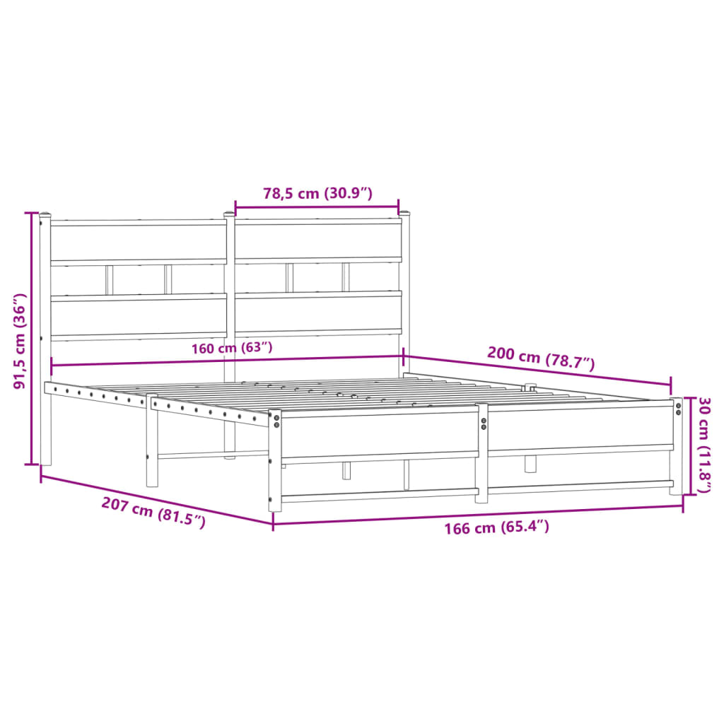 Sengeramme i metall uten madrass røkt eik 160x200 cm