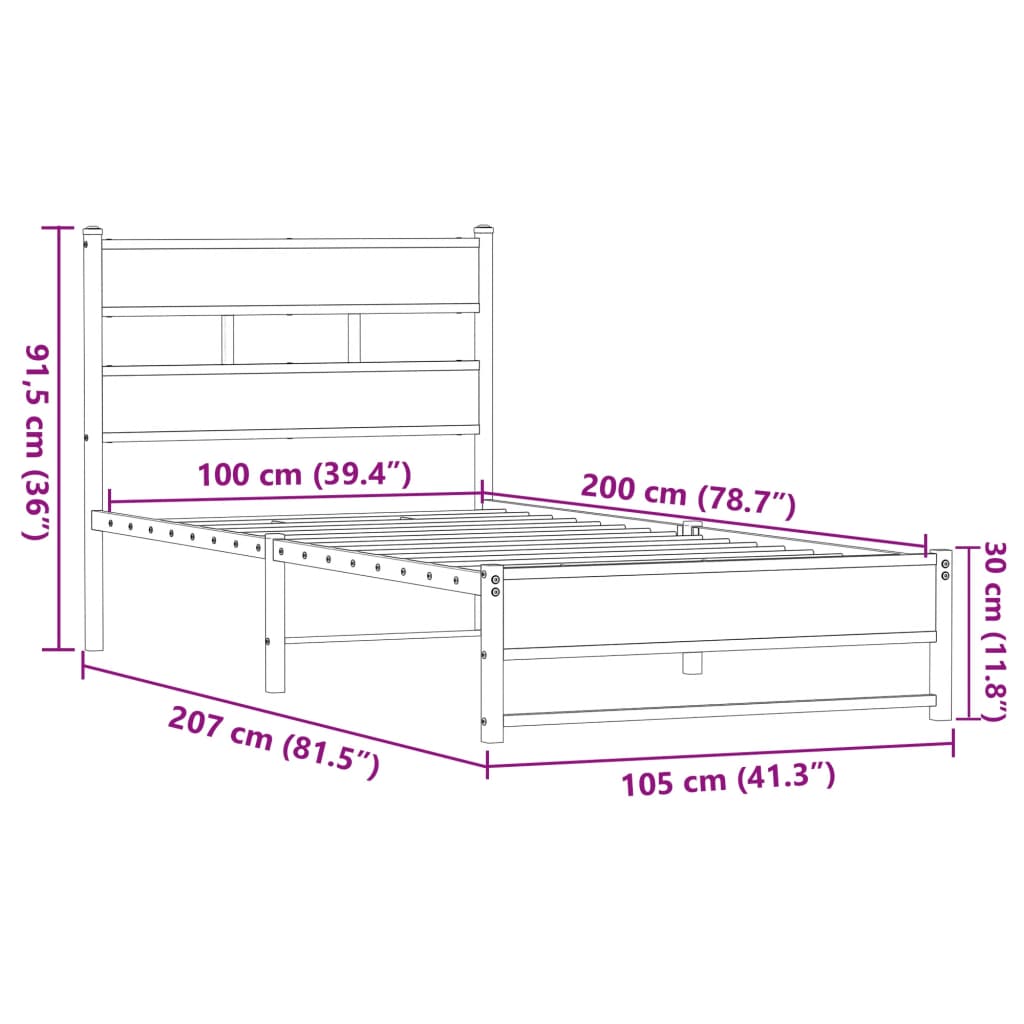 Sengeramme i metall uten madrass brun eik 100x200 cm