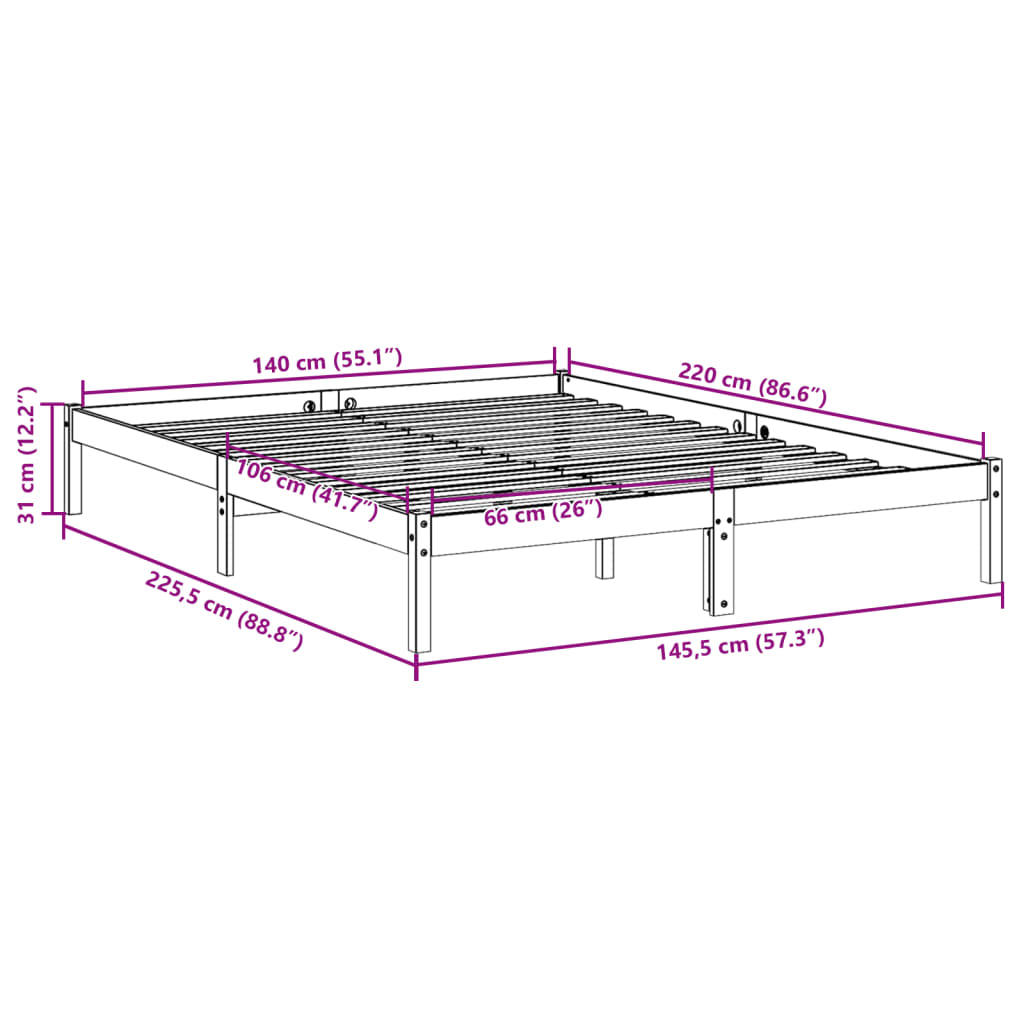 Ekstra lang sengeramme uten madrass hvit 140x220 cm heltre furu
