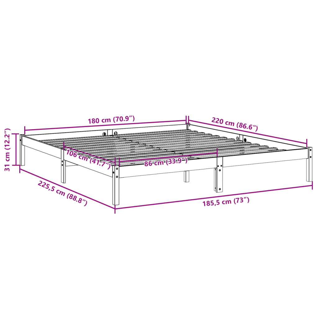 Ekstra lang sengeramme uten madrass hvit 180x220 cm heltre furu