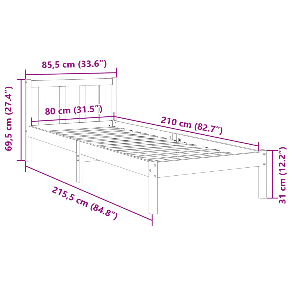 Ekstra lang sengeramme uten madrass hvit 80x210 cm heltre furu