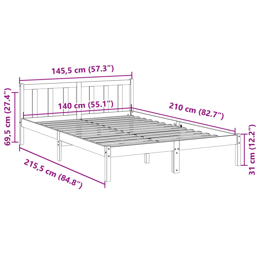 Ekstra lang sengeramme uten madrass 140x210 cm heltre furu