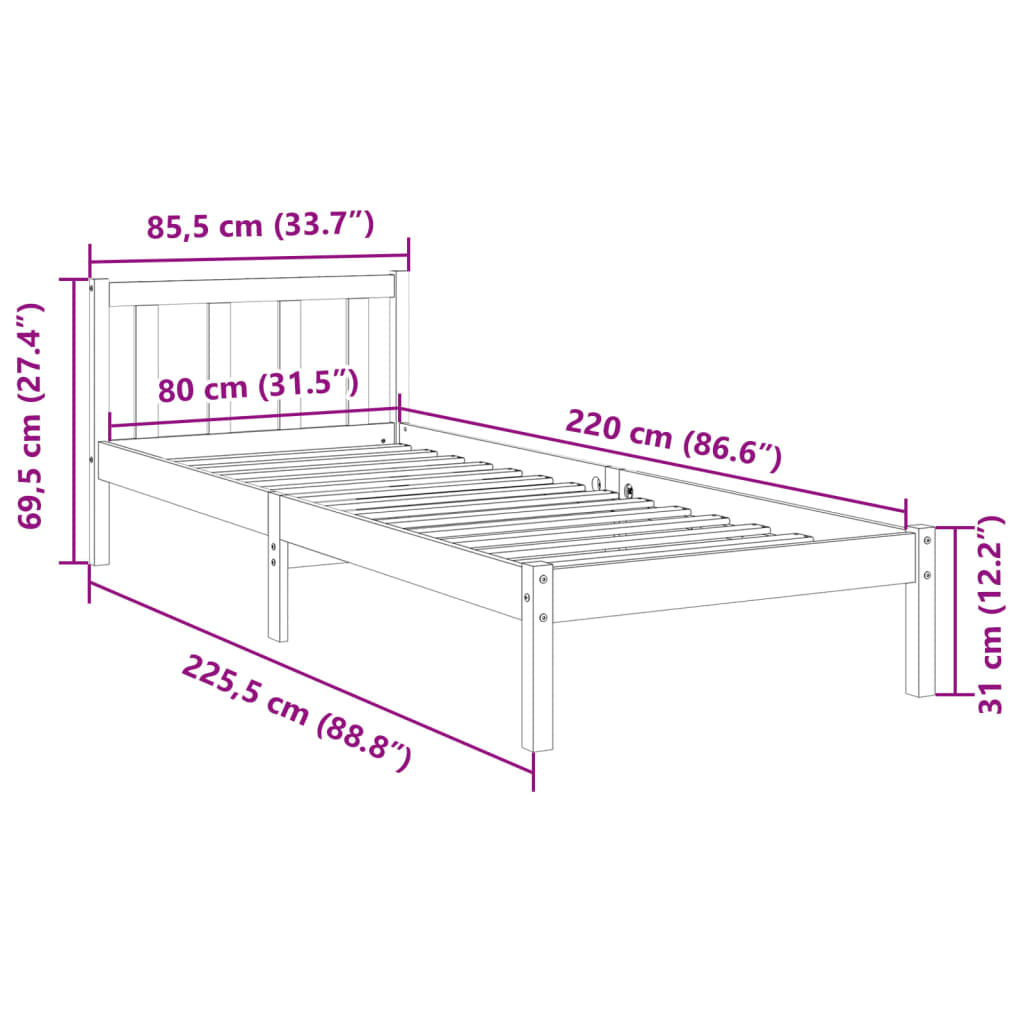 Ekstra lang sengeramme uten madrass hvit 80x220 cm heltre furu