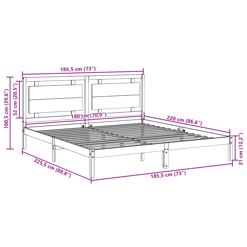 Ekstra lang sengeramme uten madrass hvit 180x220 cm heltre