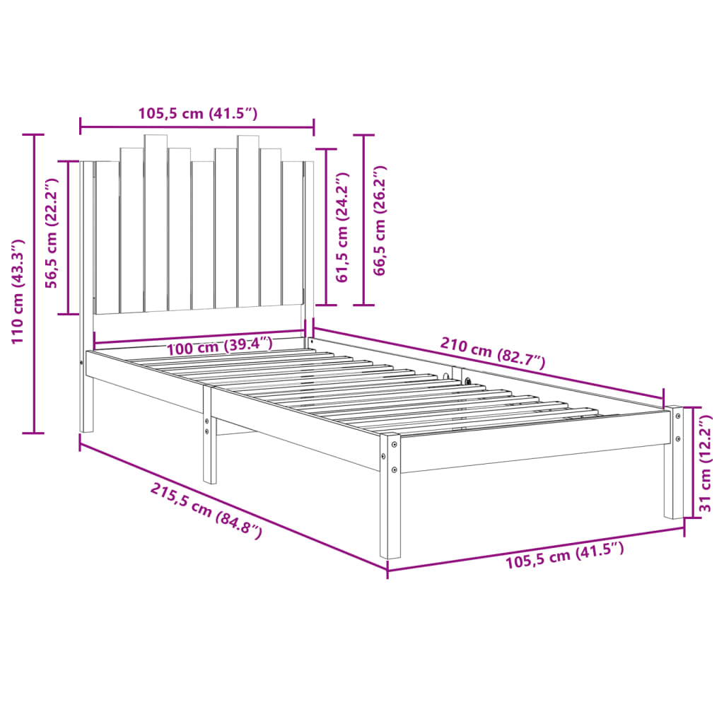 Ekstra lang sengeramme uten madrass hvit 100x210 cm heltre