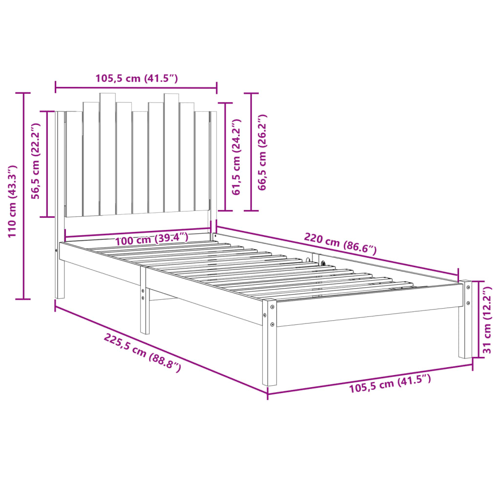 Ekstra lang sengeramme uten madrass 100x220 cm heltre