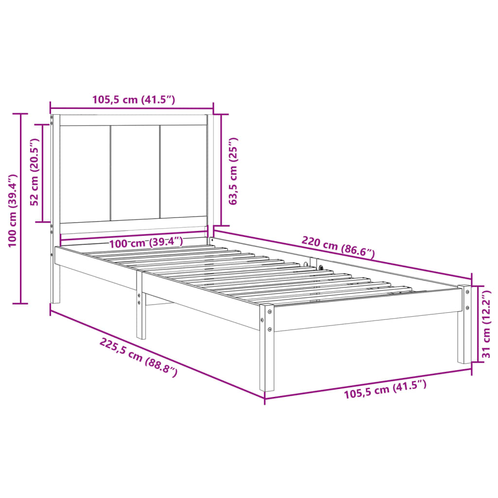 Ekstra lang sengeramme uten madrass 100x220 cm heltre
