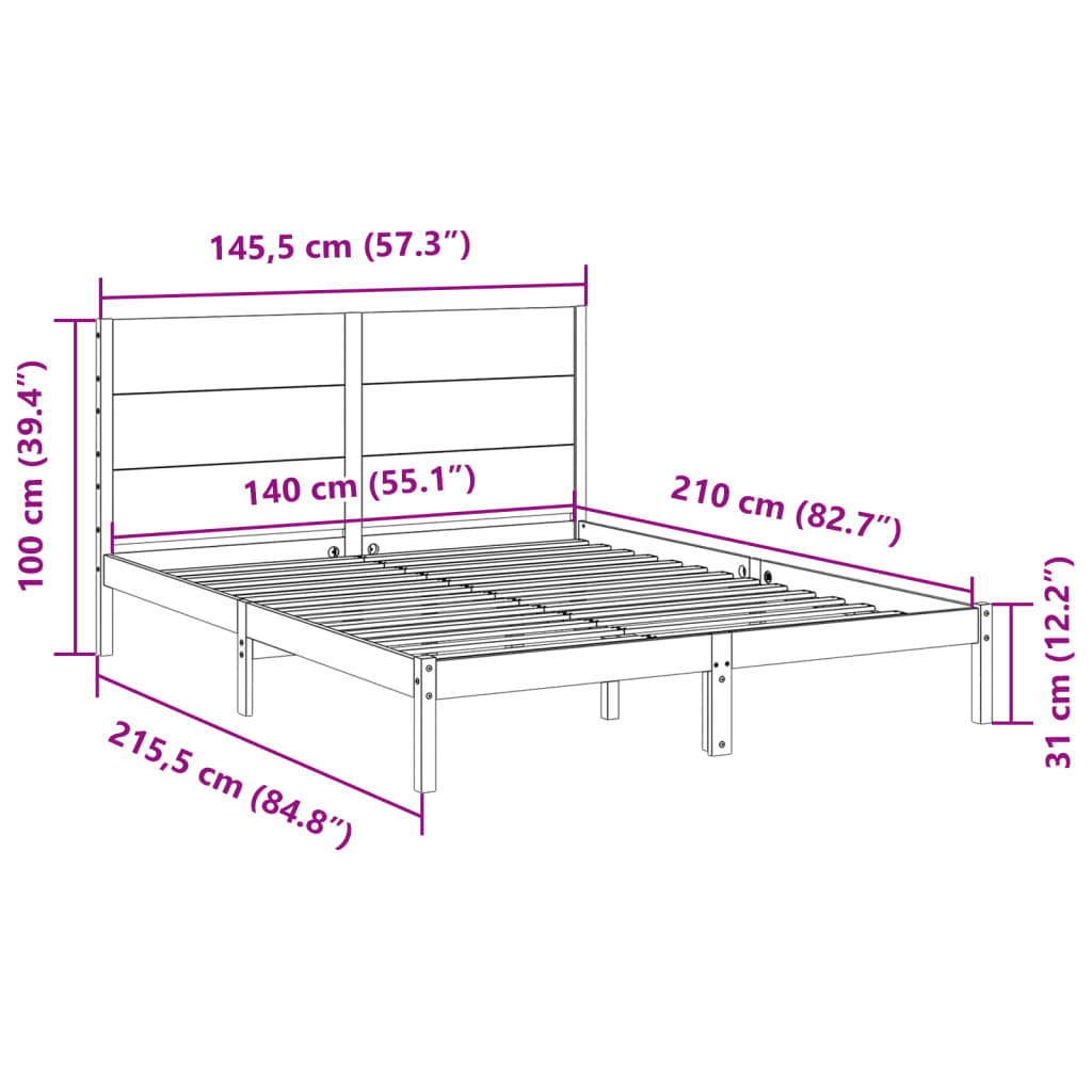 Ekstra lang sengeramme uten madrass hvit 140x210 cm heltre