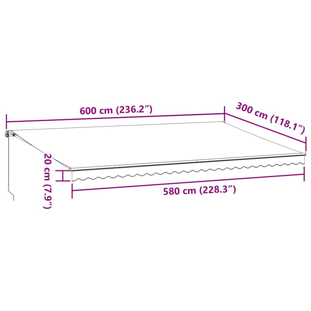 Manuell uttrekkbar markise med LED antrasitt og hvit 600x300 cm