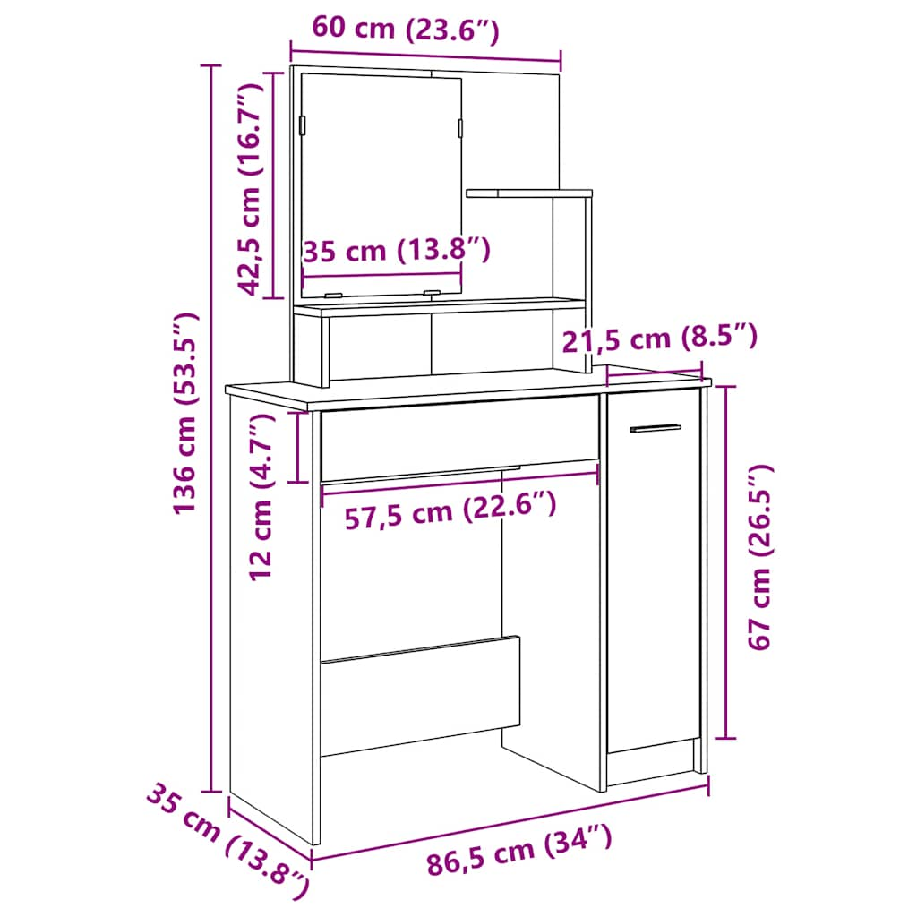 Sminkebord med speil gammelt tre 86,5x35x136 cm