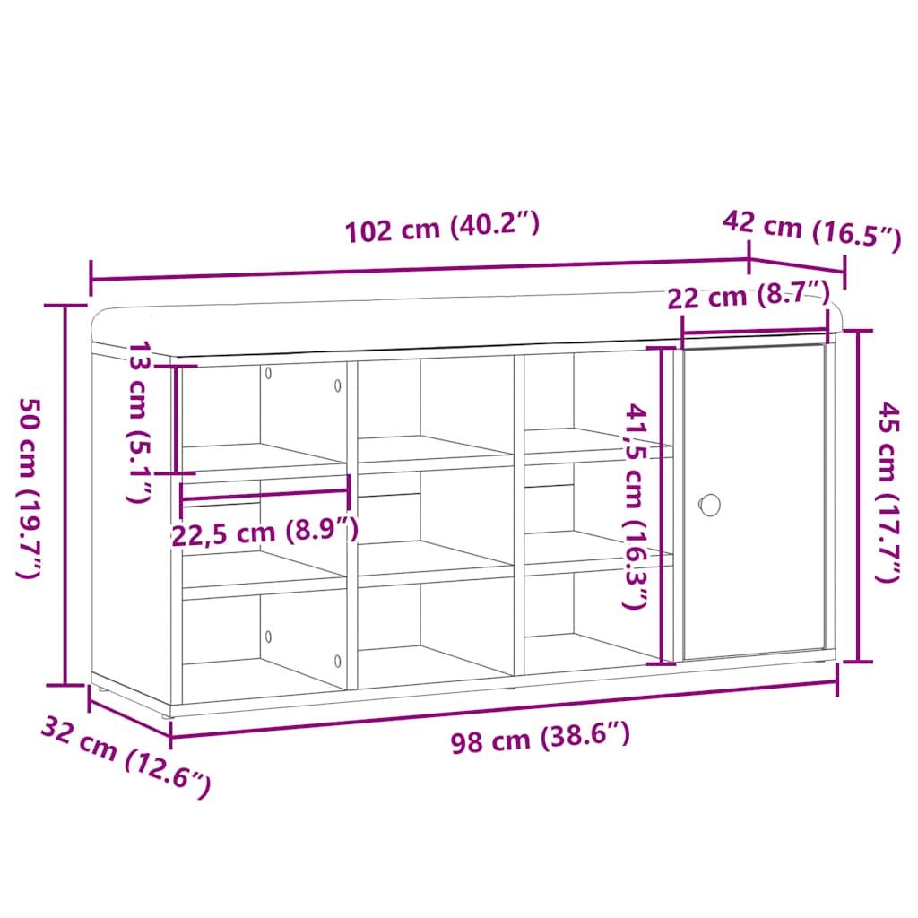 Skohylle artisan eik 102x32x50 cm konstruert tre