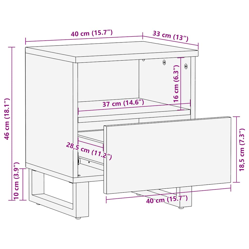 Nattbord svart 40x33x46 cm heltre mango