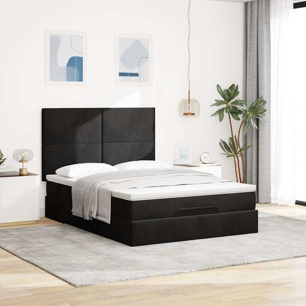 Ottoman sengeramme med madrasser svart 140x190cm fløyel
