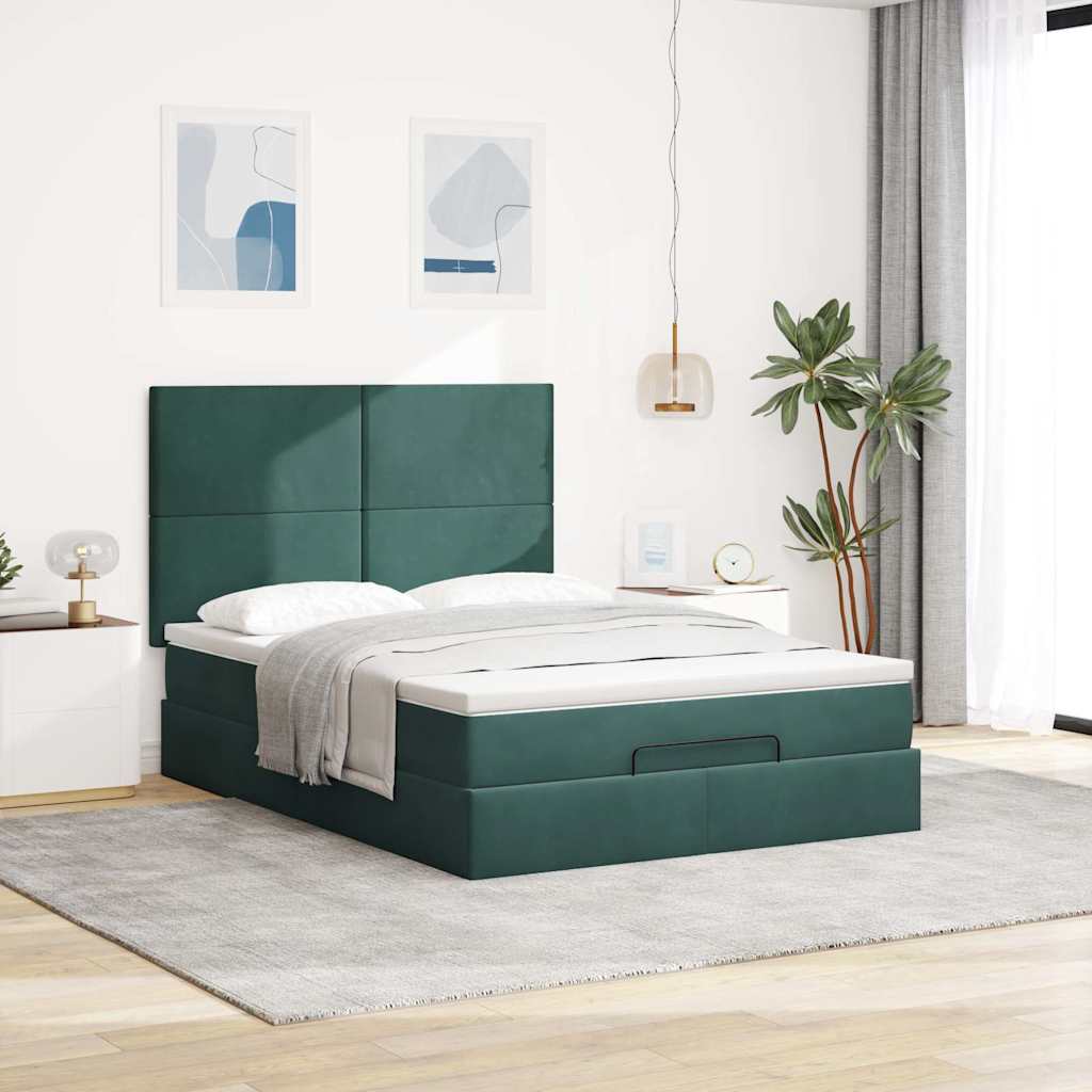 Ottoman sengeramme med madrasser mørkegrønn 140x200cm fløyel