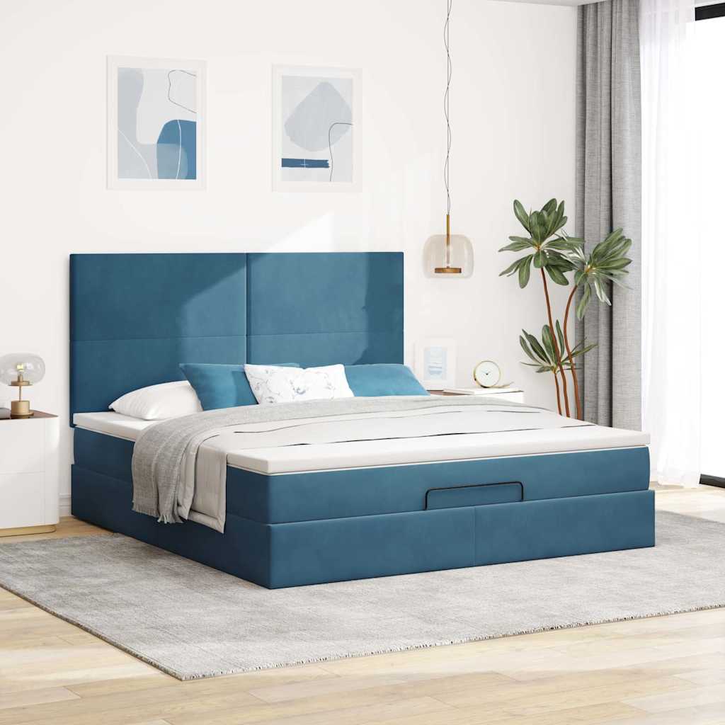 Ottoman sengeramme med madrasser mørkeblå 160x200cm fløyel