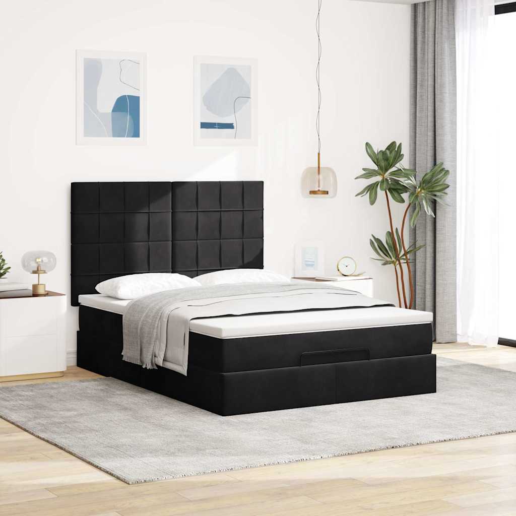Ottoman sengeramme med madrasser svart 140x190cm fløyel