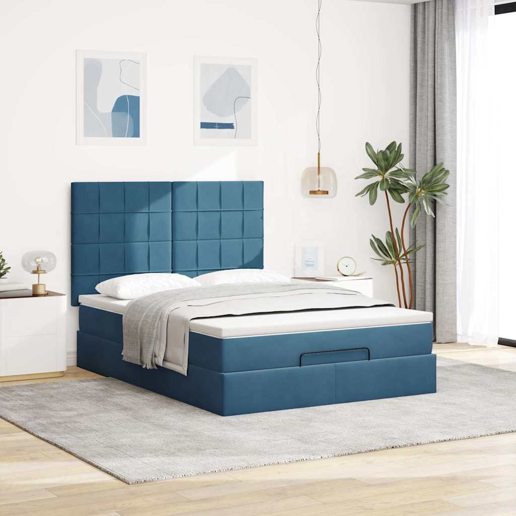 Ottoman sengeramme med madrasser mørkeblå 140x190cm fløyel