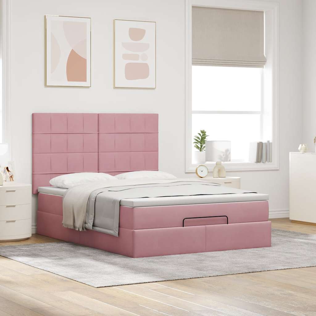 Ottoman sengeramme med madrasser rosa 140x200cm fløyel