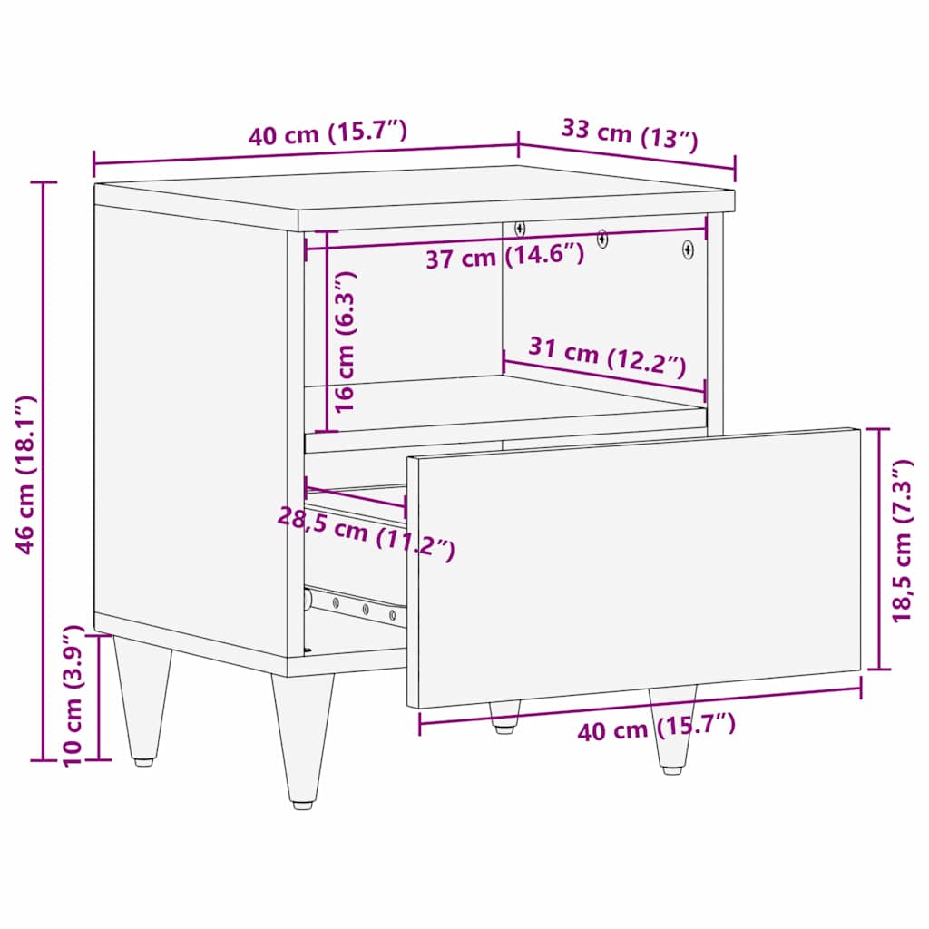 Nattbordskap med skuff honningbrun 40 x 33 x 46 cm heltre mango