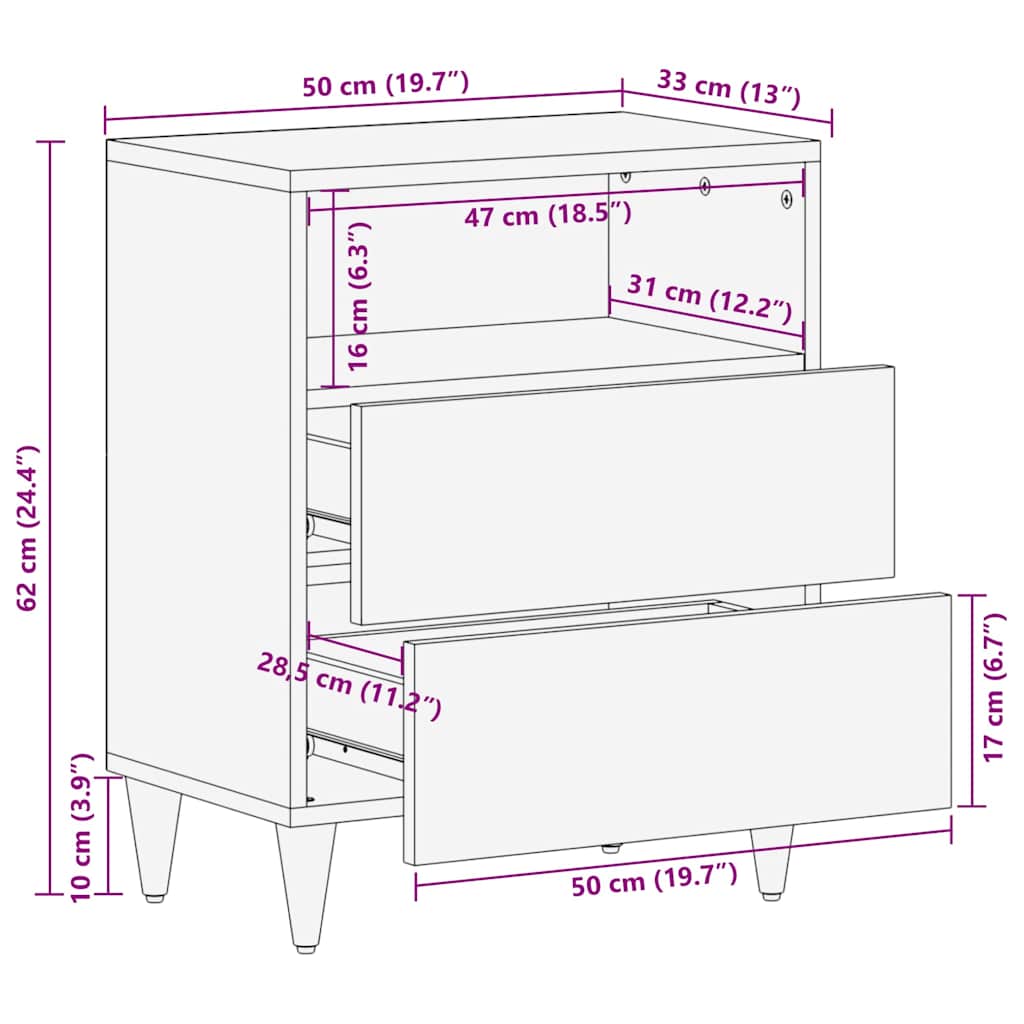 Nattbordskap med skuff honningbrun 50 x 33 x 62 cm heltre mango