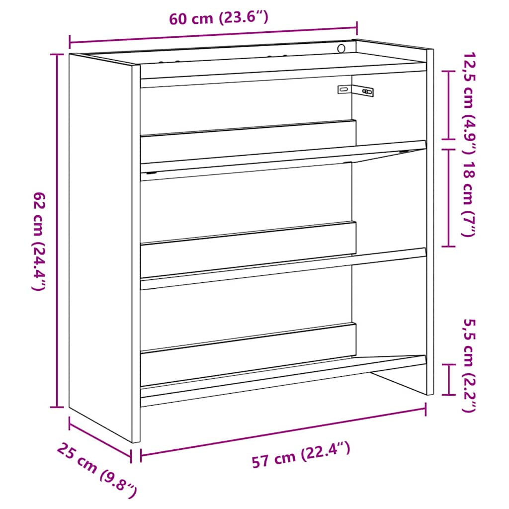 Skohylle hvit 60x25x62 cm konstruert tre