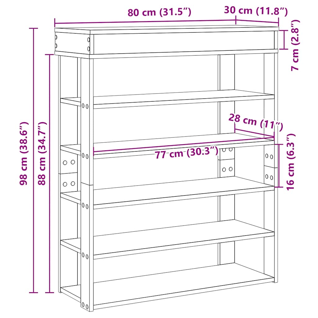 Skohylle svart 80x30x98 cm konstruert tre