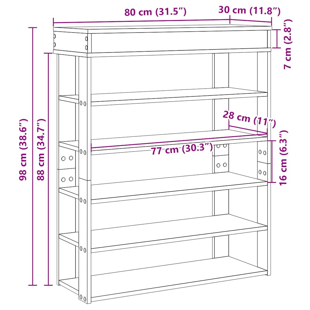 Skohylle sonoma eik 80x30x98 cm konstruert tre