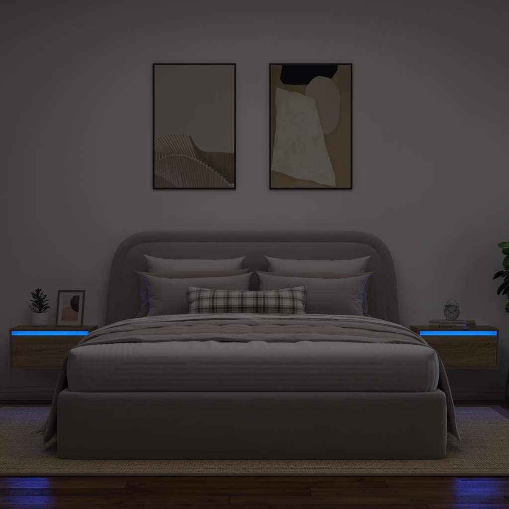 Vegghengte nattbord med LED-lys 2 stk sonoma eik
