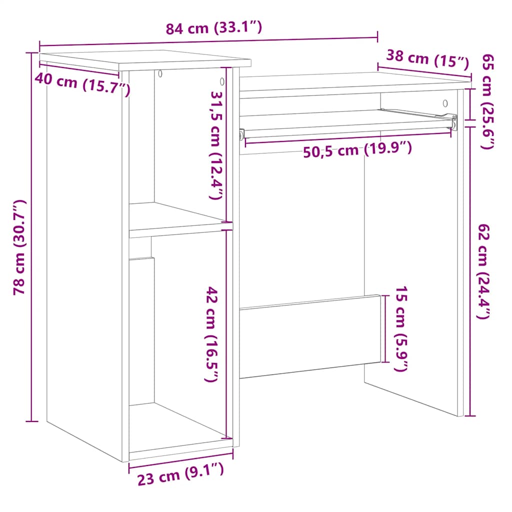 Skrivebord med hyller betonggrå 84x40x78 cm konstruert tre
