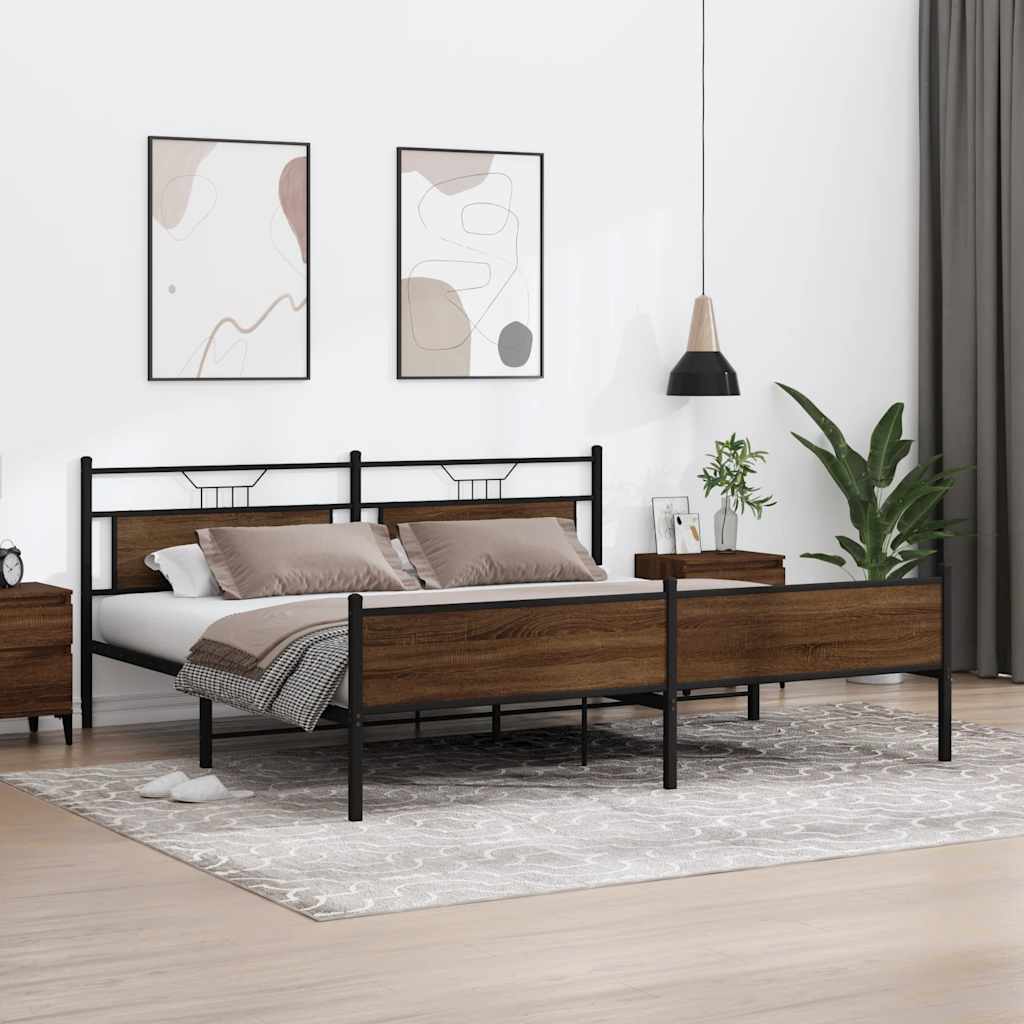 Sengeramme i metall uten madrass brun eik 193x203 cm