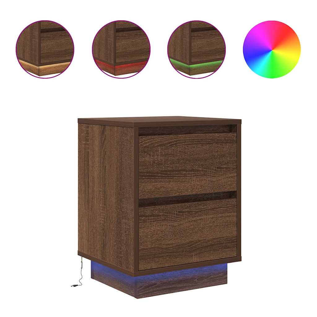 Nattbord med LED brun eik 38x34x50 cm