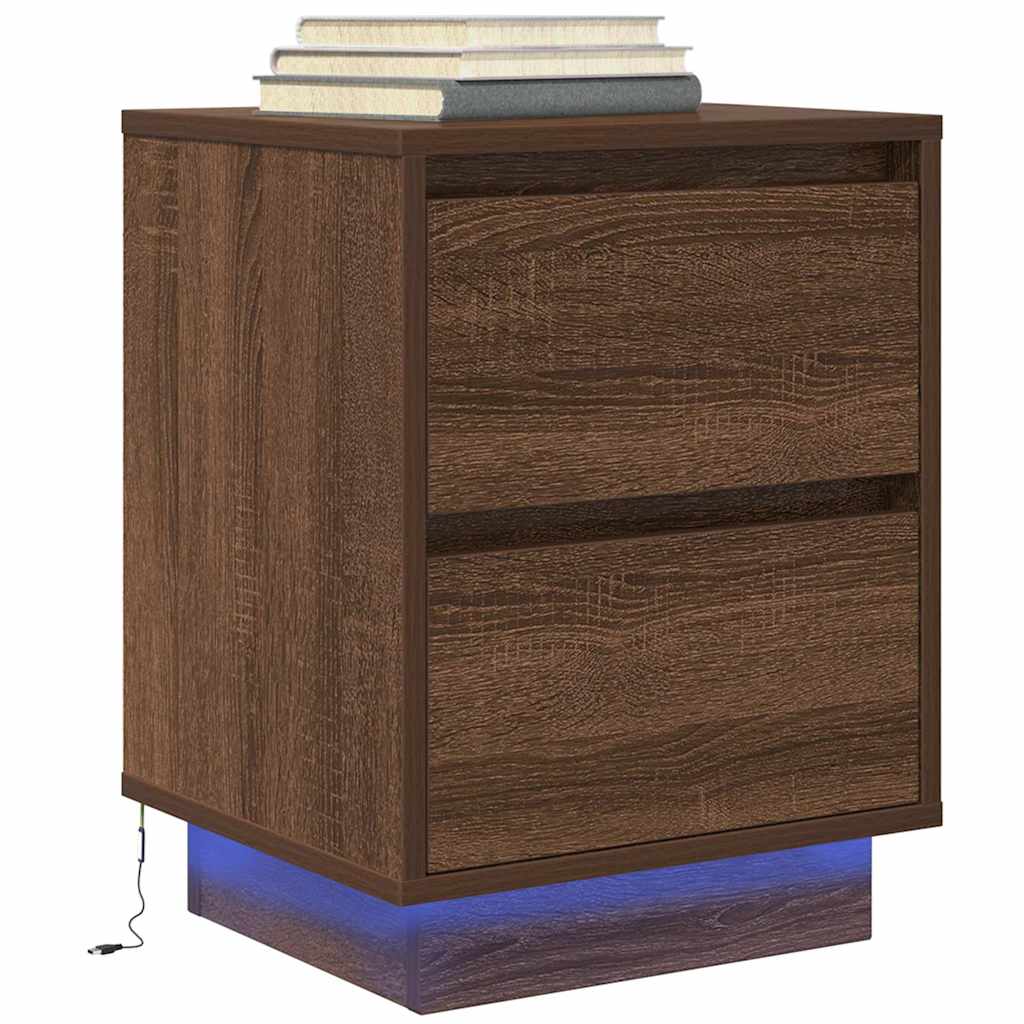 Nattbord med LED brun eik 38x34x50 cm
