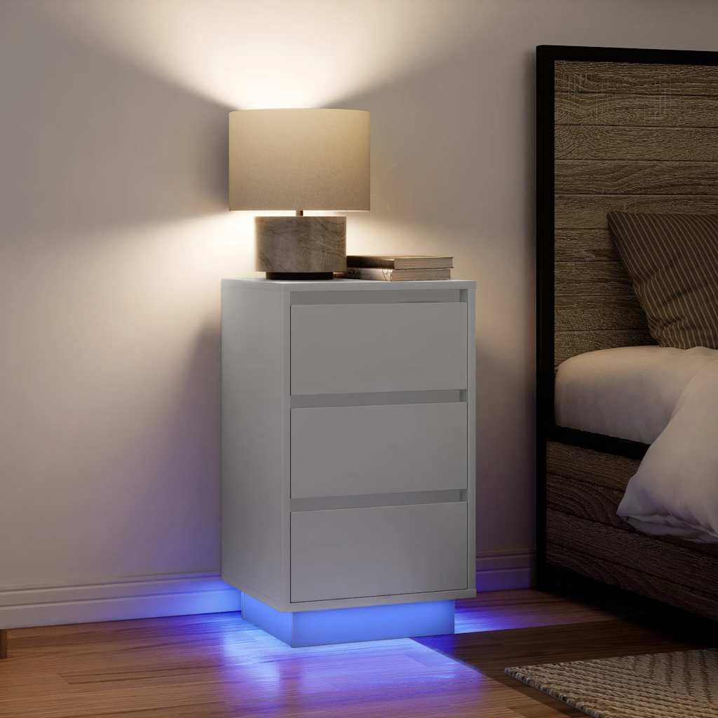 Nattbord med LED-lys hvit 38x34x65 cm