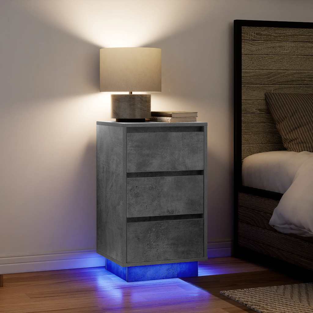 Nattbord med LED-lys betonggrå 38x34x65 cm