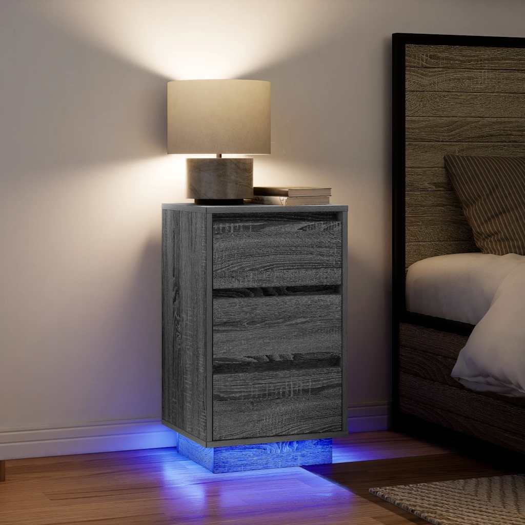 Nattbord med LED-lys grå sonoma 38x34x65 cm