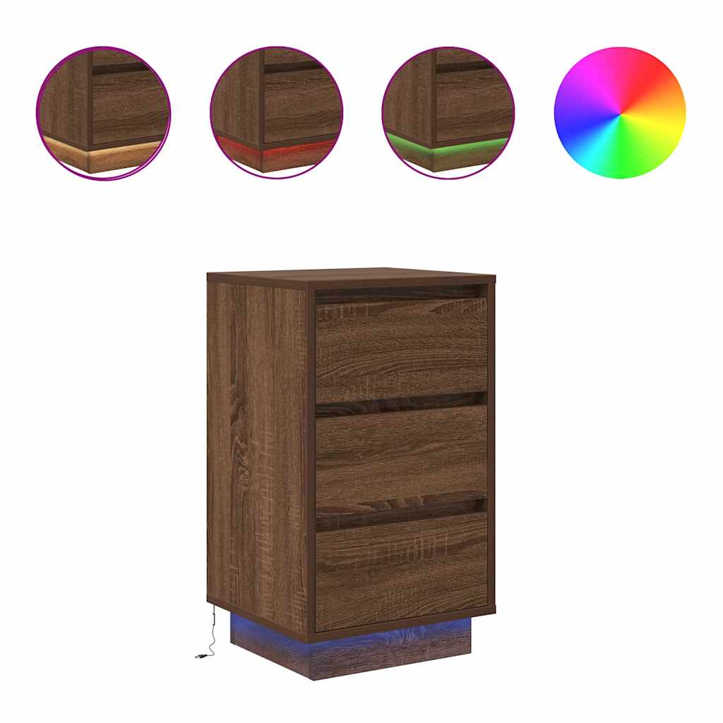Nattbord med LED-lys brun eik 38x34x65 cm