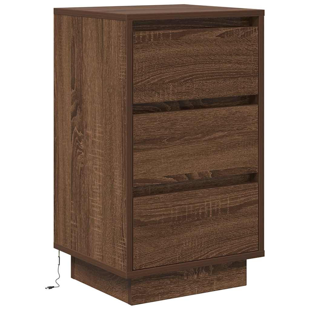 Nattbord med LED-lys brun eik 38x34x65 cm