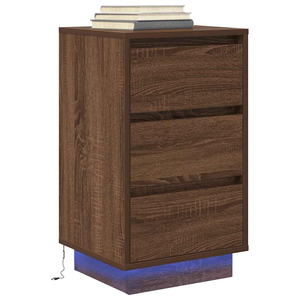 Nattbord med LED-lys brun eik 38x34x65 cm