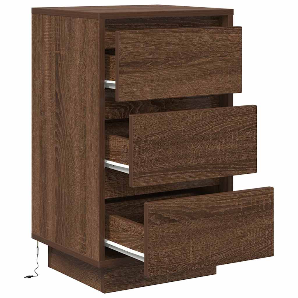 Nattbord med LED-lys brun eik 38x34x65 cm