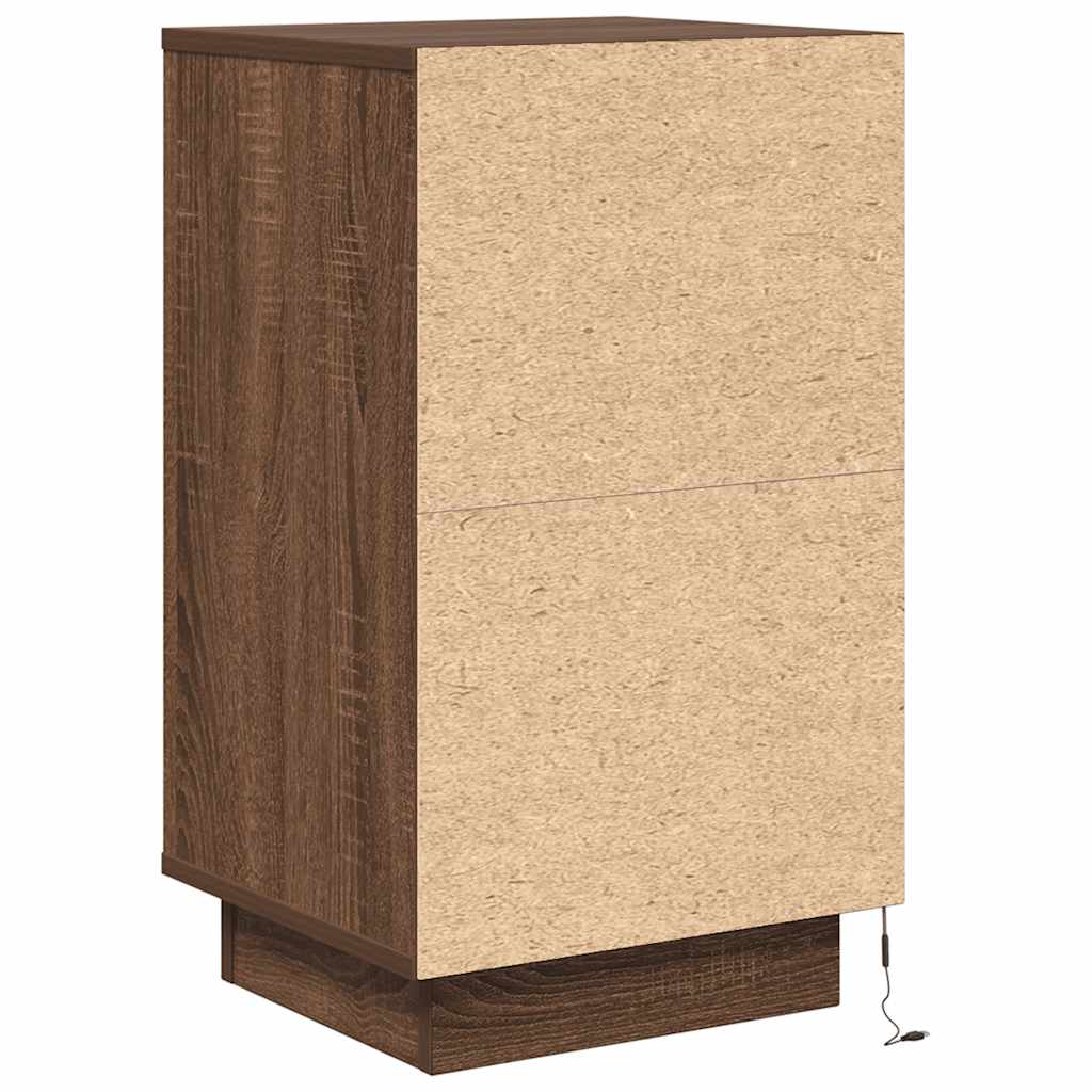 Nattbord med LED-lys brun eik 38x34x65 cm