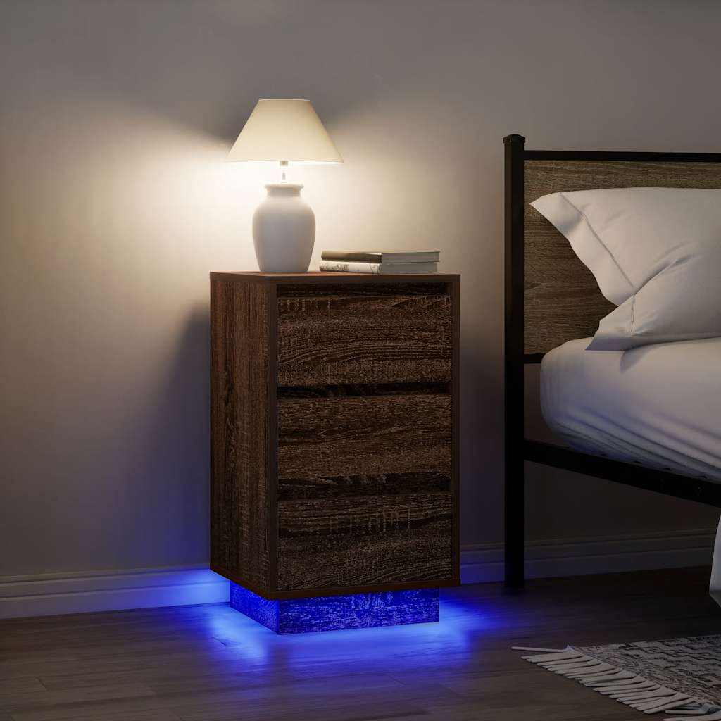 Nattbord med LED-lys brun eik 38x34x65 cm